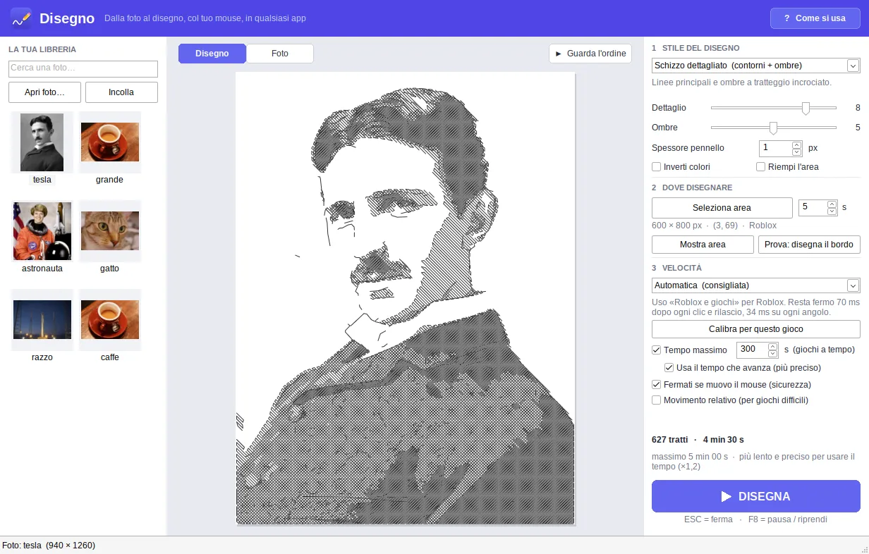 La finestra di Disegno: a sinistra la libreria di foto, al centro l'anteprima del ritratto di Nikola Tesla fatto di tratteggi, a destra stile, area e velocità.