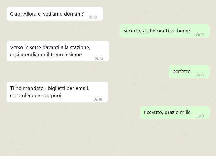 Una chat in italiano, con fumetti bianchi e verdi e gli orari dei messaggi.
